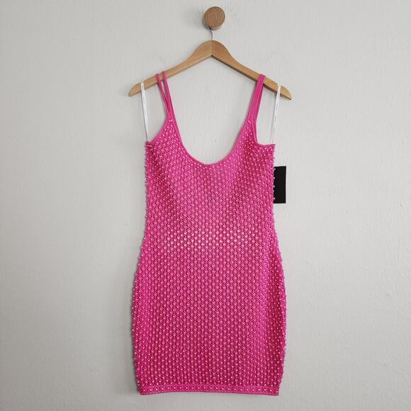 Retrofête Rocco Crochet Pearl Beaded Mini Dress Rose Pink NWT - Picture 1 of 14
